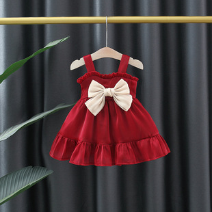 女宝宝夏季 吊带裙2024新款 女童洋气公主裙婴儿周岁红色纱裙子 韩版