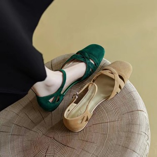 经典 圆头磨砂包头软底平底鞋 法式 复古罗马凉鞋 女夏季 女 2023年新款