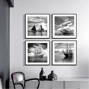 黑白装 饰画帆船一帆风顺现代简约北欧挂画办公室工业风酒店墙壁画