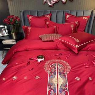 新中式 婚庆60支长绒棉四件套大红色双喜刺绣纯棉被套结婚床上用品