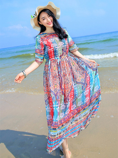 波西米亚大码 连衣裙宽松长裙 大摆夏雪纺显瘦海边度假沙滩裙中袖