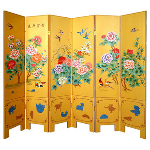 漆艺家居装 饰彩绘花开富贵六折玄关屏风隔断 古典 扬州漆器新中式