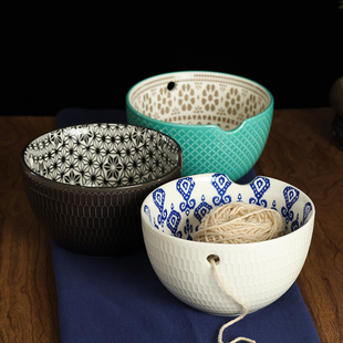 毛线碗陶瓷碗多功能日式 编织手工编织毛线收纳工具带孔可放棒针