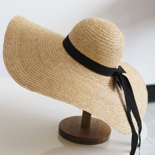 熙典 19cm超大檐拉菲草帽 夏天出游女沙滩帽 手工可折叠遮阳帽子