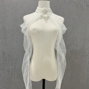 新款 珍珠流苏 新娘结婚抹胸影楼婚纱礼服手工重工网纱外套披肩长袖