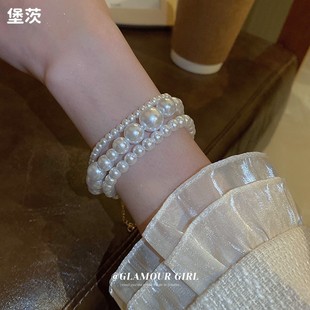 水晶珍珠多层缠绕手链法式 气质手饰品女 复古小众设计感手环个性