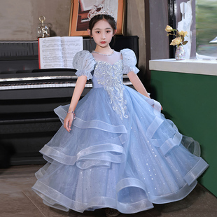 儿童公主裙蓝色女童钢琴高端表演走秀晚礼服花童女孩主持人演出服