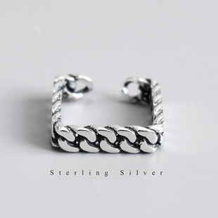 S925纯银复古做旧链条方形指环INS韩版 个性 戒指银饰品 潮流女款