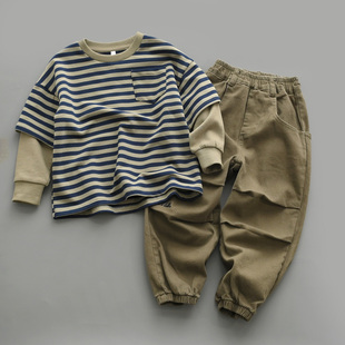 儿童纯棉条纹假两件卫衣 收口长裤 帅气 软工装 裤 细毛圈T恤衫