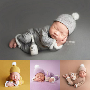 新生儿婴儿满月儿童摄影连体衣羊毛毡牛奶瓶上门拍照道具套装 组合
