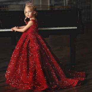 儿童走秀主持钢琴演出晚礼服女童轻奢小众高端重工亮片拖尾公主裙
