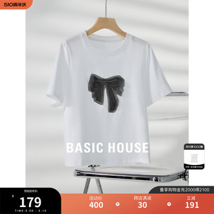 Basic House 设计感圆领女上衣 百家好蝴蝶结刺绣T恤2024夏季 新款
