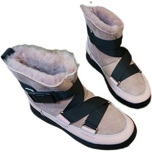 松糕厚底防滑 真皮羊皮毛一体雪地靴 冬季 交叉带女靴