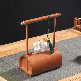 手工竹制纸巾盒复古中式 收纳提梁抽纸盒家用客厅创意桌面餐巾纸盒