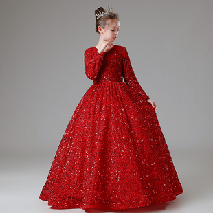 定制儿童晚礼服红色高端公主裙长袖 生日女童小主持人钢琴演出服装