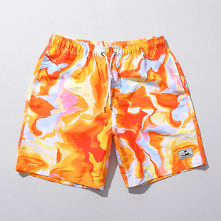 海边沙滩裤 橙色印花速干游泳裤 衩 拍照好看鲜亮旅行度假宽松大花裤