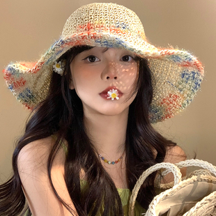 彩色编织草帽女夏季 海边度假遮阳防晒帽透气镂空大帽檐显脸小帽子