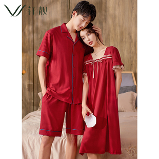 薄款 套装 情侣红色睡衣女夏季 纯棉睡裙新娘结婚家居服男士 短袖 大码