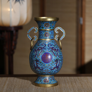 宫廷式 摆件 铜胎掐丝珐琅器景泰蓝花瓶螭龙双耳尊文玩收藏客厅中式