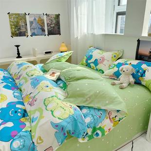 ins绿色小怪兽卡通床上四件套1.5米1.8m少女心宿舍被套可爱三件套