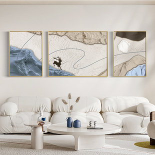 一路鹿有你客厅装 饰画高级感沙发背景墙挂画大气抽象肌理三联壁画