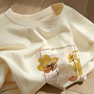 日系纯棉设计感小众短袖 t恤女宽松正肩2023新款 印复古花上衣 夏季