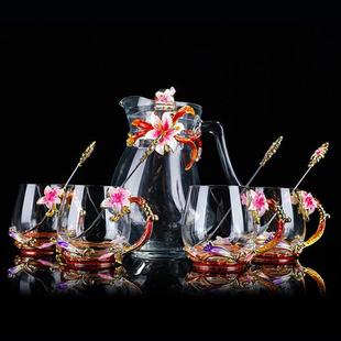 ℘轻奢高端ℒ珐琅彩茶具水杯水壶套装 玻璃杯子耐热水晶玻璃杯高档