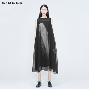 sdeer圣迪奥女装 夏装 雪纺通勤a字裙黑色连衣裙S20281267 气质无袖