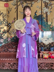 原创中国风复古紫霞仙子紫色流光纱真丝三件套汉服禙子百褶裙套装