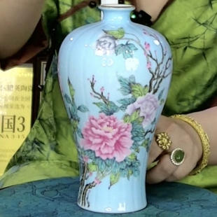 景德镇陶瓷公司别墅客厅仿古摆件牡丹手绘墨彩梅瓶 高货花瓶