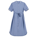 罗马假日撞色立领100%棉连衣裙女士中长款 休闲蓝色短袖 裙S080 衬衫