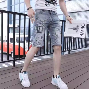 新款 欧洲站牛仔短裤 夏季 潮牌韩版 男士 个性 潮流五分裤 印花百搭修身