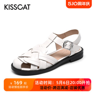 接吻猫夏季 KISSCAT 女KA21333 牛皮圆头一字扣方跟时装 罗马凉鞋