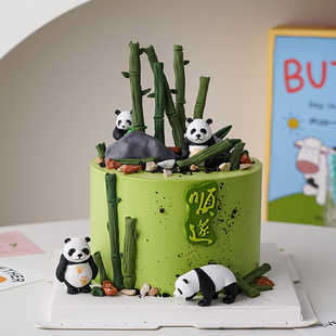 网红卡通小动物生日蛋糕装 饰摆件顺遂如意可爱大熊猫竹子烘焙插件