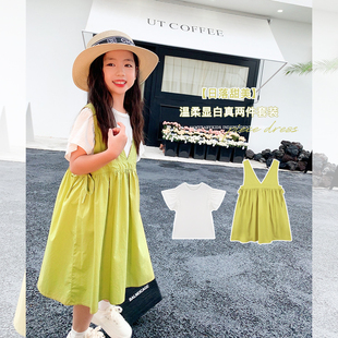 Amybaby女童套装 2024新款 纯色背带裙两件套 儿童夏季 文艺风韩版