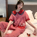 纯棉短袖 睡衣女夏季 韩版 长裤 宽松学生红色格子春秋家居服 两件套装