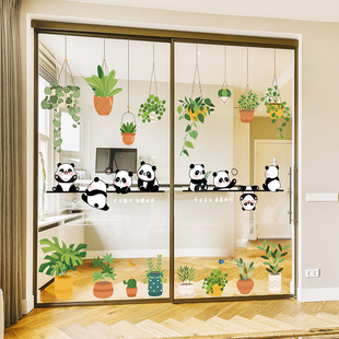 绿植盆栽三餐四季 玻璃贴纸卡通小熊猫厨房推拉门小心玻璃静电贴纸