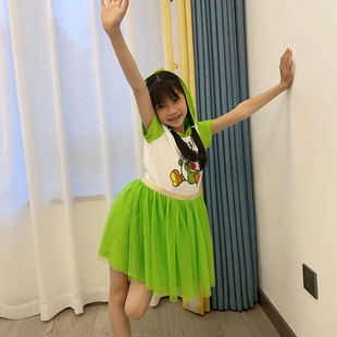 女童夏季 女一大一小儿童绿色蓬蓬纱裙 连衣裙恐龙衣服女宝姐妹装