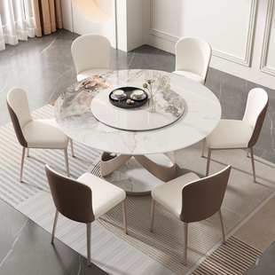 圆形餐桌小户型家用轻奢现代简约奶油风潘多拉岩板餐桌带转盘饭桌