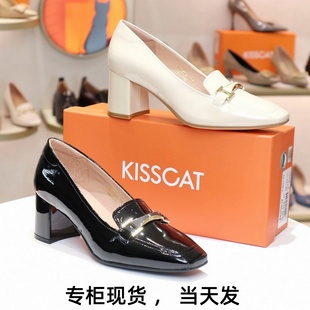 KISSCAT接吻猫2024正品 牛皮粗跟方头漆皮乐福鞋 女单鞋 KA43504