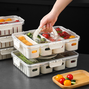 日本冰箱收纳盒沥水保鲜盒带提手冷藏冷冻密封分层保鲜厨房水果蔬