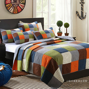 外贸美式 纯棉拼布高级床盖三件套欧式 通用高档床罩床单 夹棉四季
