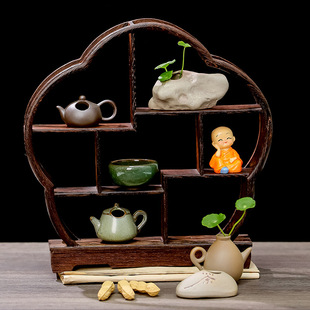 新中式 饰品实木小摆件茶道茶壶收纳台新 茶壶博古架家居客厅茶桌装