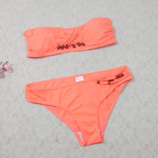 F399外贸泳衣女纯色性感抹胸三角系绳钢托度假沙滩比基尼泳装 特价