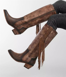 CORRAL复古做旧牛皮流苏靴美国西部牛仔靴粗跟骑马靴高筒长靴女靴
