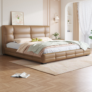 拉芙菲 极简真皮床轻奢主卧大床现代简约1.8米实木双人床软包 意式