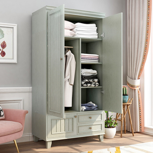 自观 美式 小户型家用绿色成品衣柜 家具实木衣柜两门卧室挂衣柜