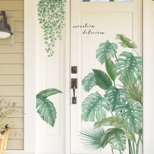 可移除墙贴小清新热带植物绿叶房门墙角贴纸画背景客厅卧室自粘