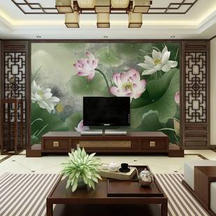3d新中式 饰墙纸无缝墙布 荷花壁纸客厅沙发电视背景墙壁画影视墙装