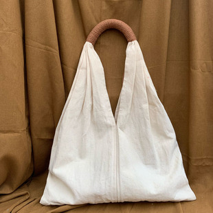 法式 褶皱包大容量单肩托特包手工棉布袋佛系文艺 简约帆布包一片式